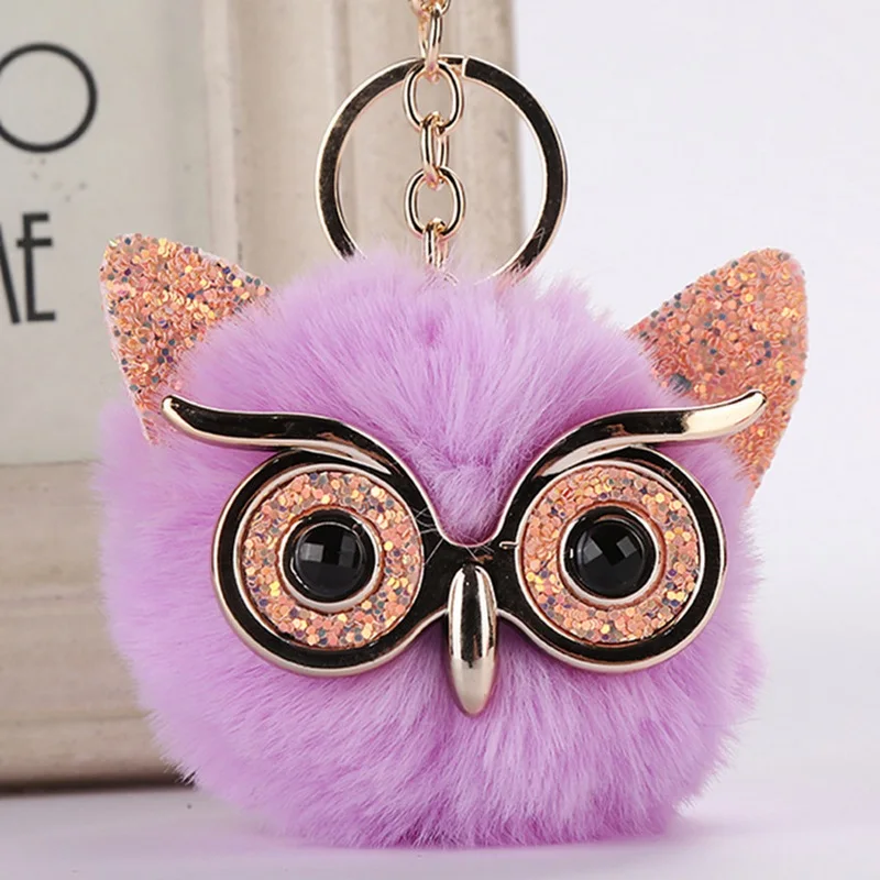 Cute Girls Bling Glitter Owl Keychain Women Fluffy Rabbit Fur Pompom Owl Key Chain On Bag Car Trinket Jewelry Party Gift