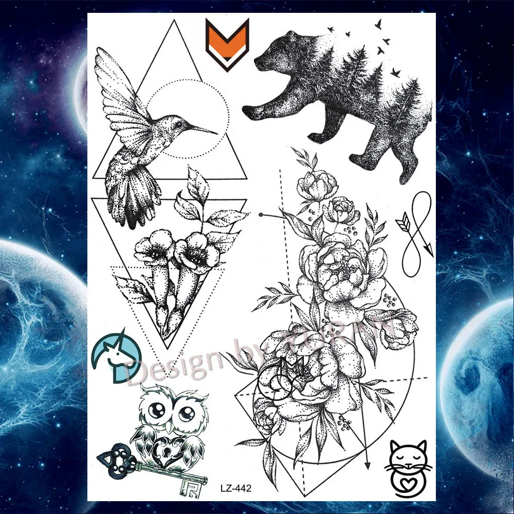 Black Diamond Geometry Owl Temporary Tattoo Sticker WOmen Fake Henna Waterproof Tattoo Decals 21*15CM Crystal Body Art ARm Tatoo