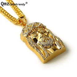 Hip Hop Rapper Bling Iced Out Rhinestones Cool 3D Jesus Head Face Cross Piece Pendants Necklaces Chain Men Women Jewelry
