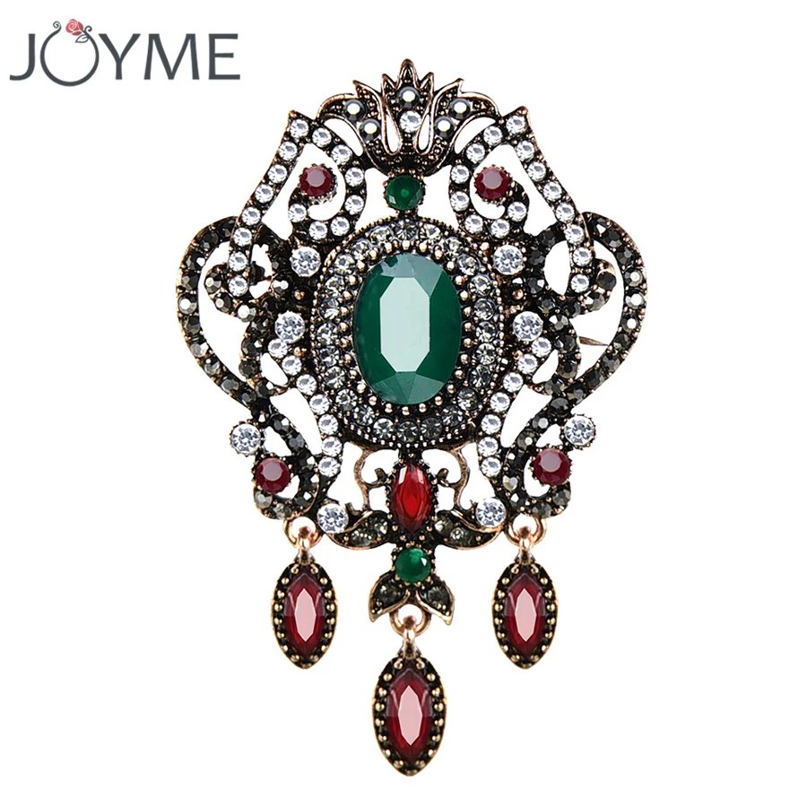 Joyme New Flower Design Vintage Brooches with Pendant Pins for Women Retro Turkey Ethnic Green Red Jewelry Wholesale