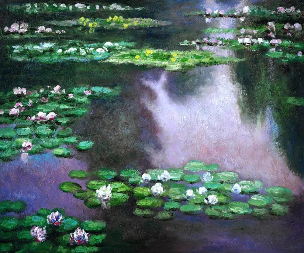 Handpainted Oil Canvas Painting for Home Office Decor Water Lilies (green and violet) by Claude Monet  Canvas Oil Art Picture