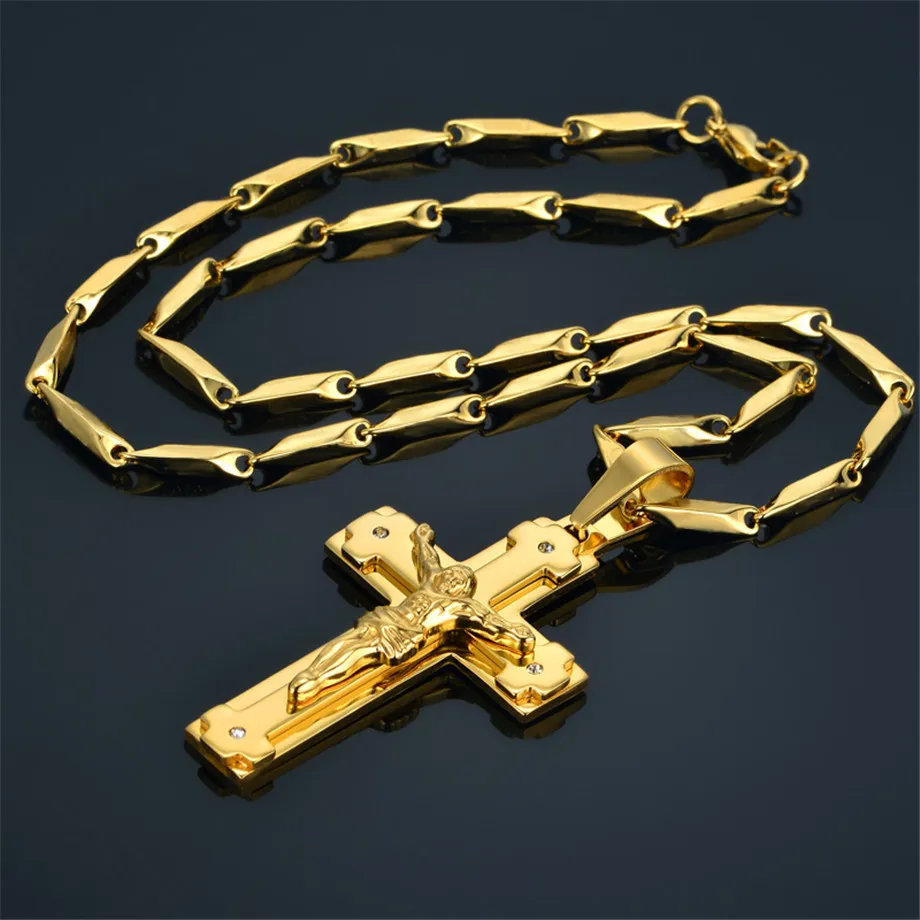 Crucifix & Cross Necklaces Pendants For Men Stainless Steel Gold Color Christ Jesus Piece Necklace Male Christian Jewelry