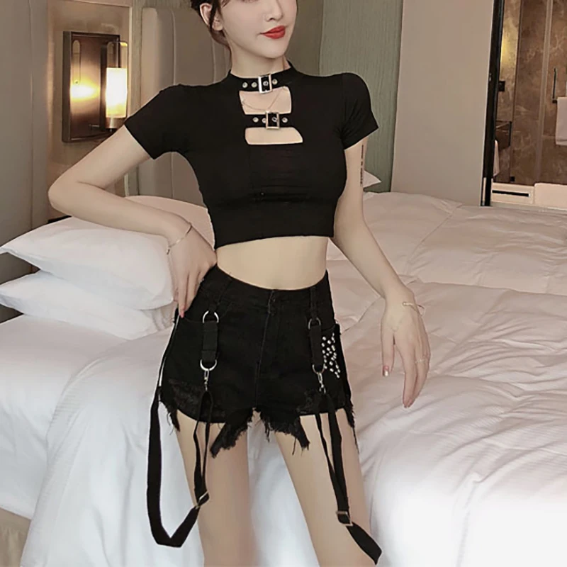 New Summer Fashion Women's Shorts Black Punk High Waist Tassel Belt Rivet Denim Pantsuits Female Gothic Short Jeans Mujer