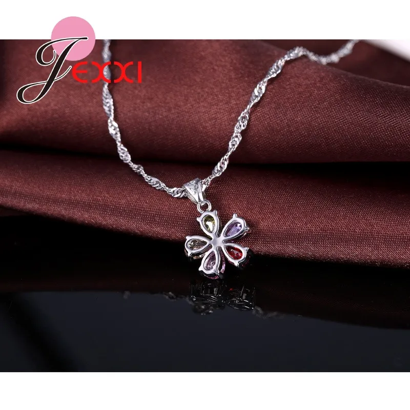 Five Petaled Flowers Colorful CZ Crystal Pendant Jewelry Sets 925  Necklace Dangle Hoop Earring Sets For Women