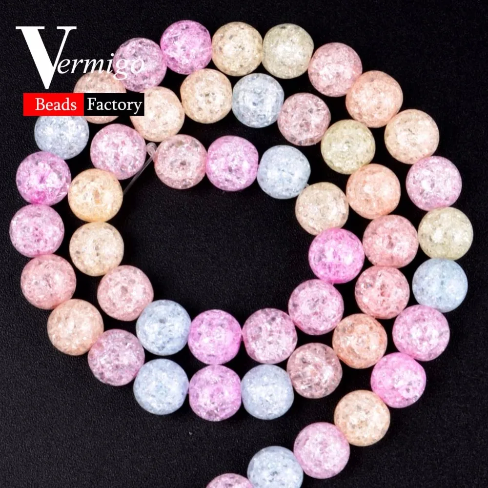 Natural Stone Multicolor Crack Quartz Crystal Round Loose Beads For Jewelry Making Frizzling Rock Popcorn Diy Bracelet 15inches