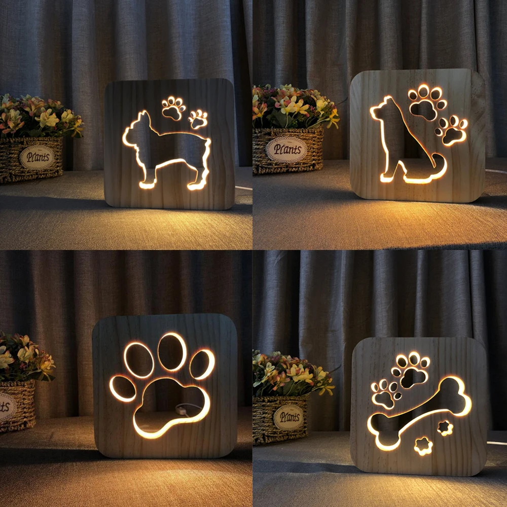 Lampe 3D en bois avec patte de chien et chat, alimentée par USB, ambiance chaleureuse, effet d\'illusion, luminaire décoratif idéal pour une chambre