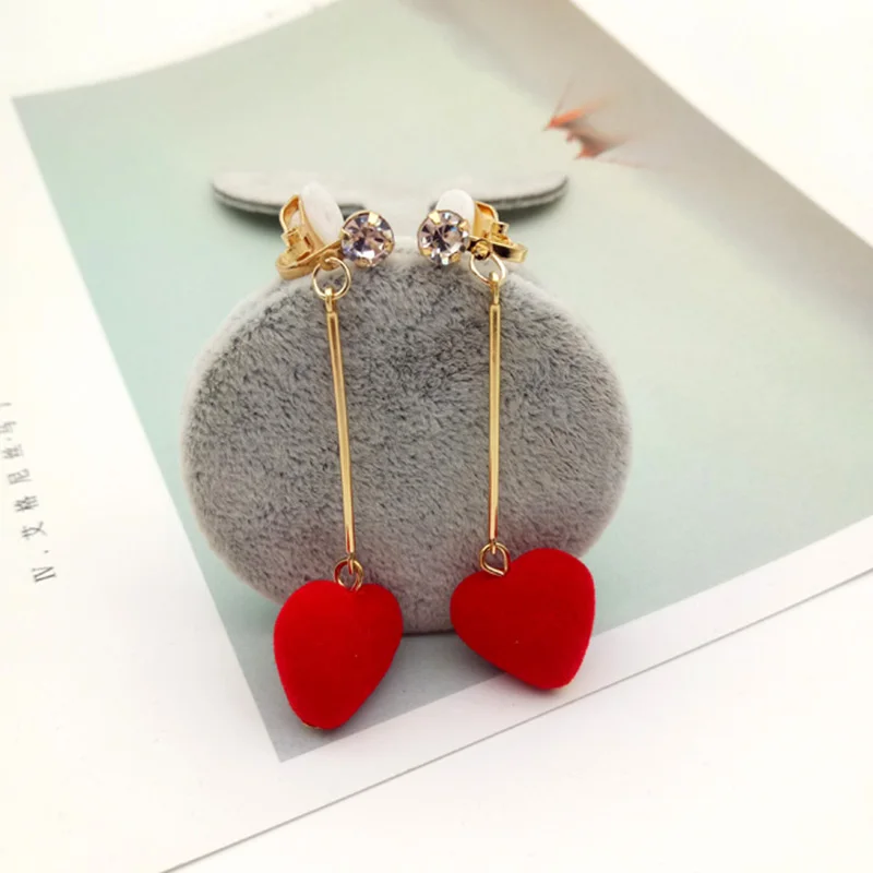 Korea Style Charm Peach Heart Long Bar Gold Color Clip on Earrings Without Piercing for Girl Party Needn\'t Ear Hole Ear Clip New