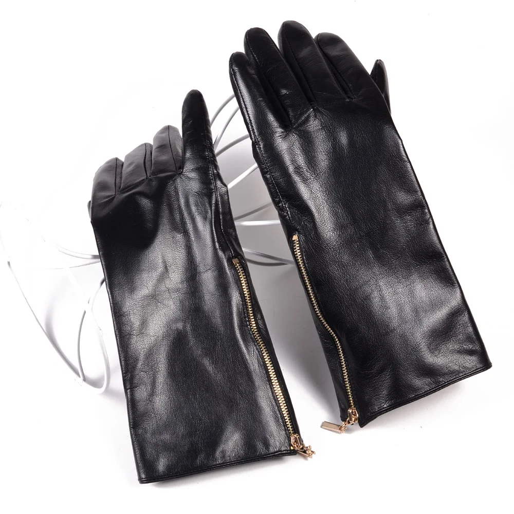 Men Winter Real Leather Long Gloves With Golden Zipper Male Show Black Thick Manopla Hand Warm Mott Cycling Suede Gauntlet