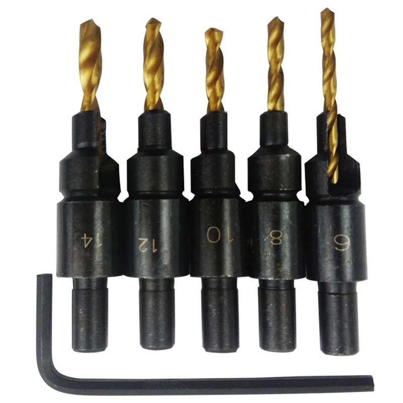 WREOW 5PCS Countersink Mata Bor S Woodenworking Countersink Mata Bor Counterbore งานไม้เจาะรูนักบิน Hex ประแจ