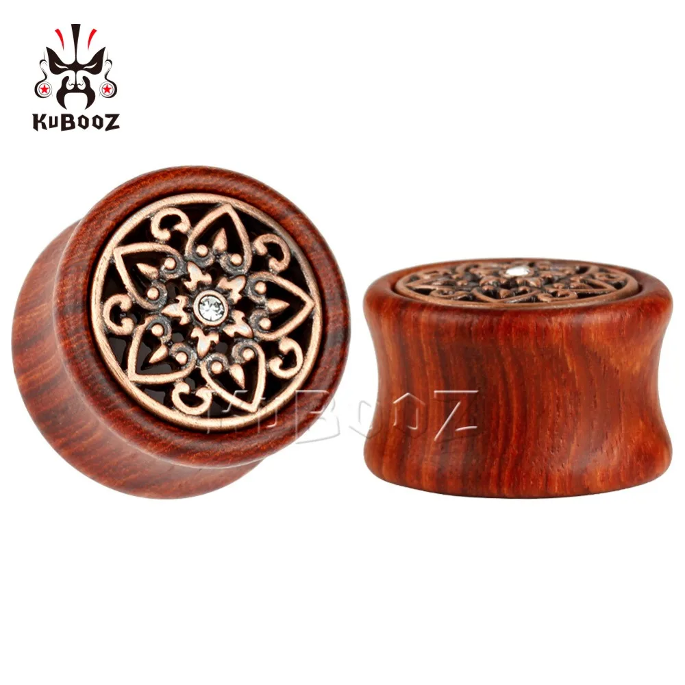 Kubooz piercing wood ear plugs tunnels piercing body jewelry with metal crystal design sell by pair ear gauges