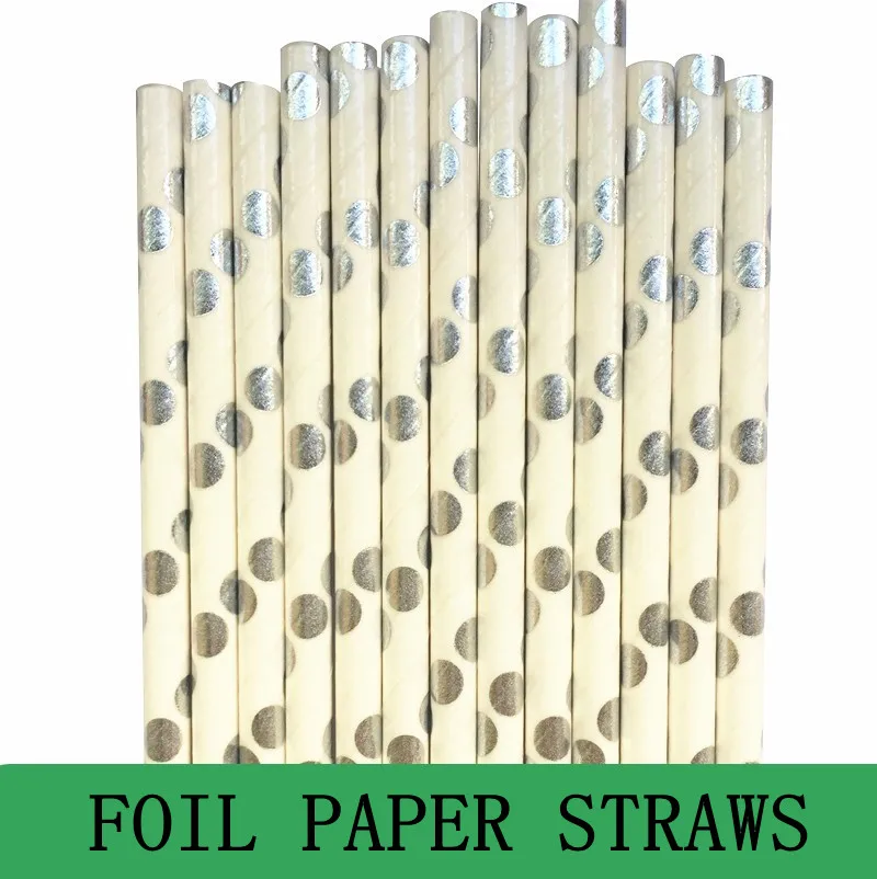 100 Pcs Metallic Silver Polka Dot Foil Paper Straws,Birthday Party Wedding Christmas Baby Shower,Novelty Drinking Paper Straws