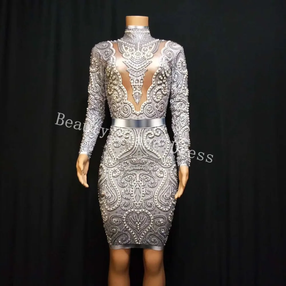 

Fashion Gray Pearls Rhinestones Dress long Sleeves Stretch Sexy Dresses Stage Birthday Party Celebrate Nightclub outfit