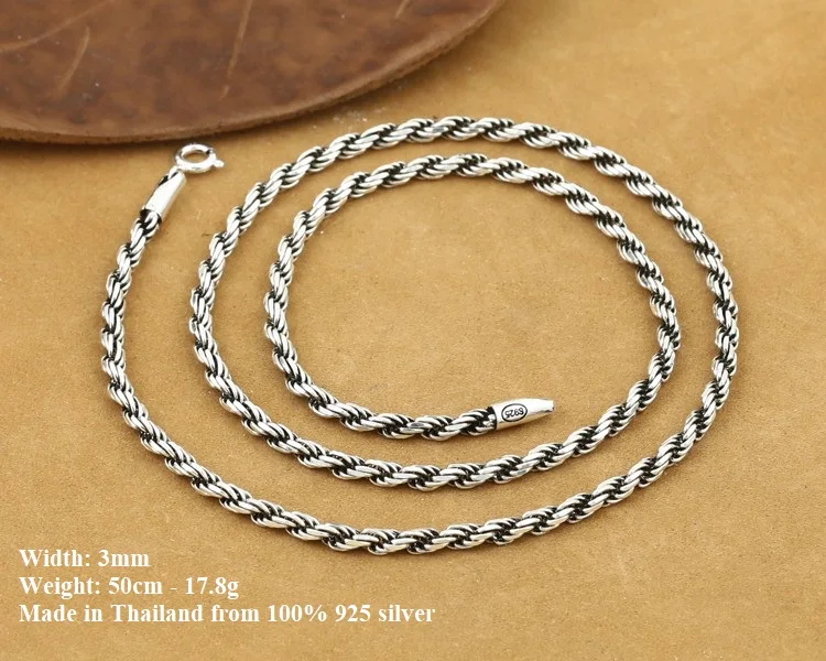 3MM Necklace Handcrafted Thailand 925 Silver Necklace Handmade Vintage Designer 925 Sterling Silver Neckace for Pendants