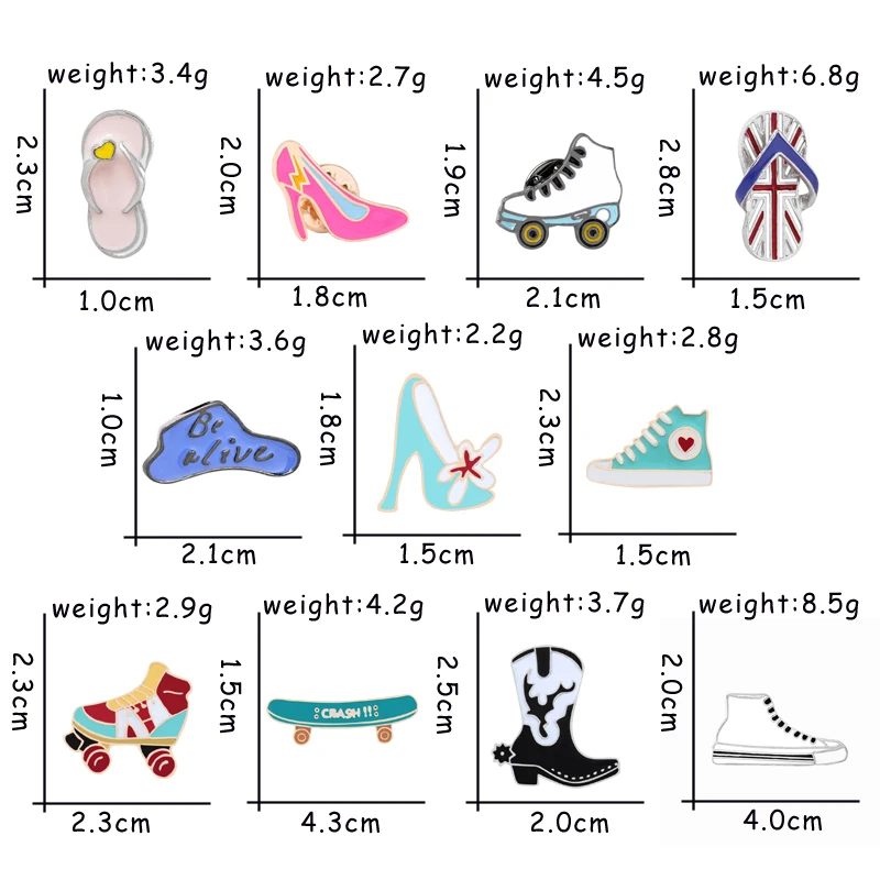 Fashion Brooch Skates Skateboard Sandals High Heels Women Enamel Badge Pins Shoes Metal Icon Shirts Jackets Backpacks Button Pin
