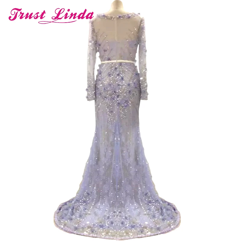 Luxury See Through Design Evening Dress Sequins Beading Appliques Long Sleeve Formal Prom Gowns Custom Made