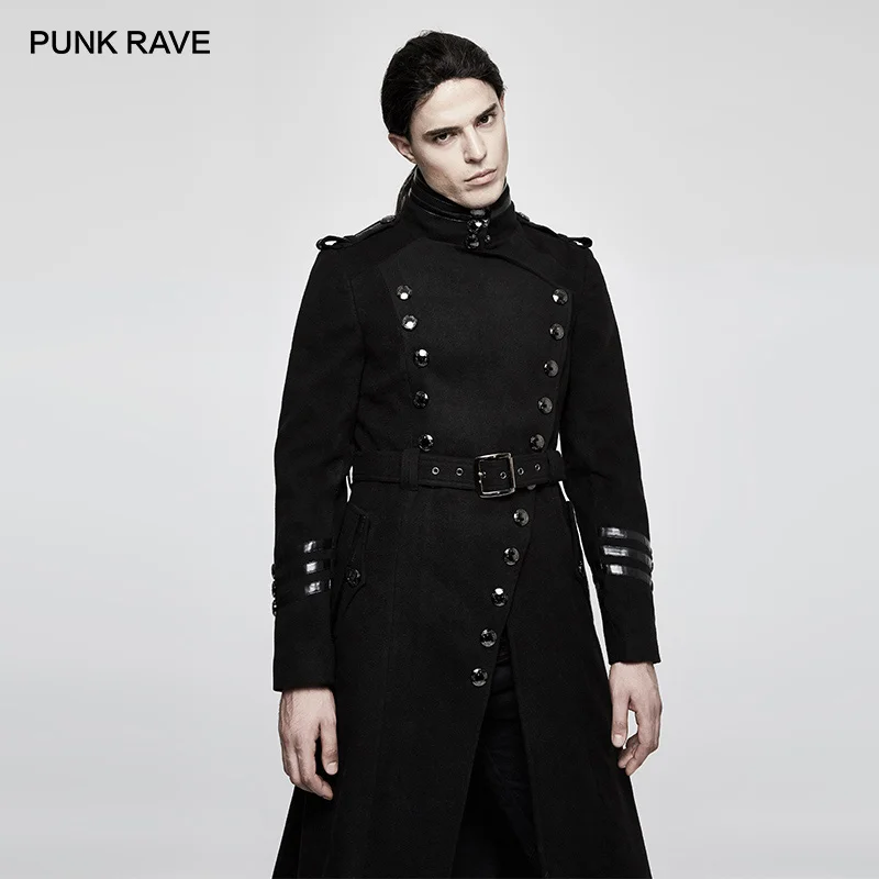 

Мужская шерстяная куртка в стиле панк с металлическими пуговицами, черная шерстяная куртка с поясом, модная длинная куртка