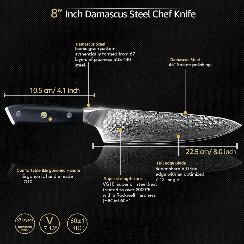 Damascus Knives VG10 67 Layer Stainless Steel Knives Chef Knife Japanese Kitchen Knife Damascus VUltra Sharp G10 Handle