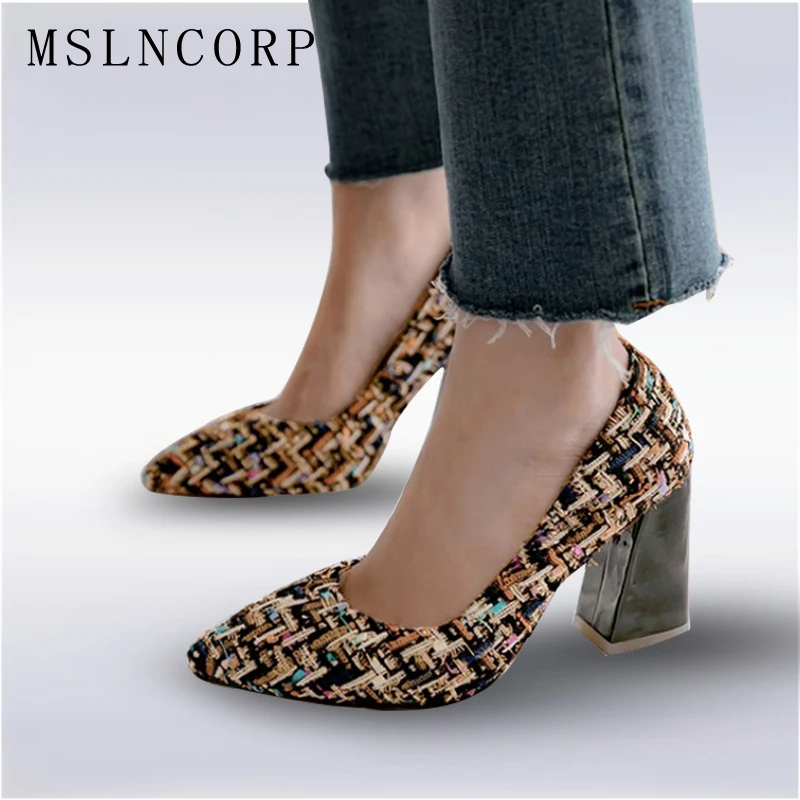 

Plus Size 34-46 New Thick Heels Pumps Mixed Colors Tweed pointed Toe Spring Summer Casual Shoes square high heels Women OL Pumps