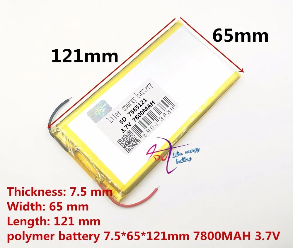 3.7V 7800mah 7565121 Lithium Polymer Li-Po Rechargeable Battery For PAD DIY E-Book GPS DVD Power bank Tablet PC