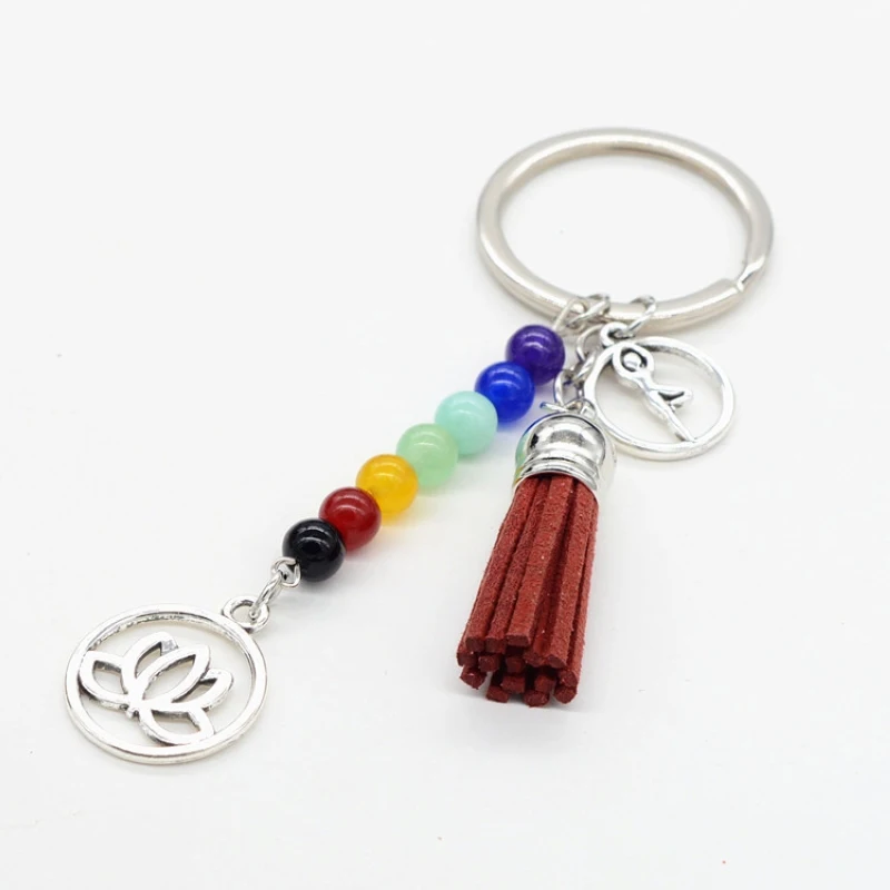 7 Chakras Natural Energy Stone Lotus Flower Yogi Keychain Women Yoga Fitness Aum Key Chain Tassel Trinket On Bags Jewelry Gift