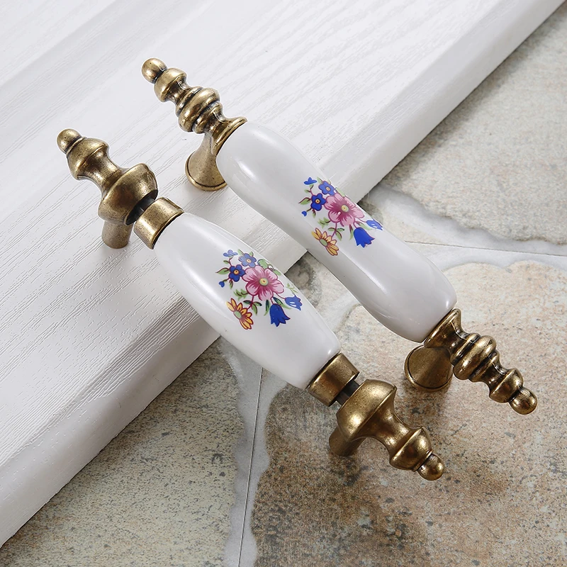 WV Flower Ceramic Kitchen Cabinet Storage Handle Closet Dressers Vintage Cabinet Wardrobe Ceramic Door Knobs Cabinet Handles