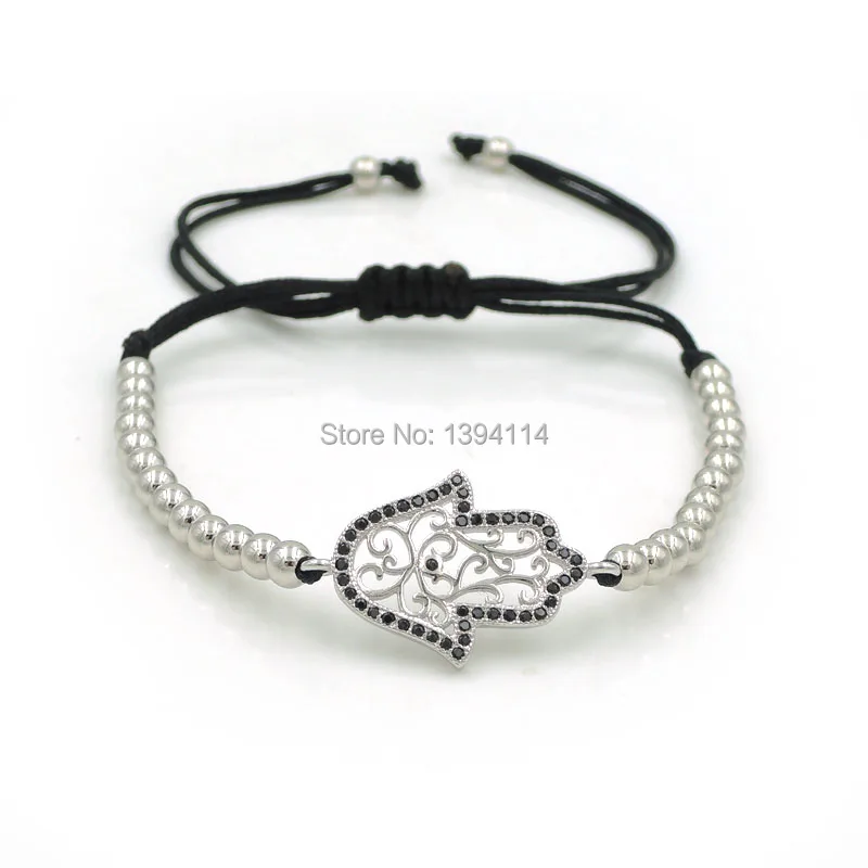 25*17*2mm Micro Pave Black CZ Palm Of Fatima Connector Charm Bracelet Braided Centipede Knot