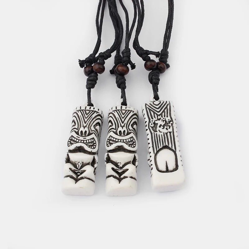 1Pcs Brown/White Faux Yak Bone Tribal Tiki Man Totem Zealand Maori Tiki Totem Amulet Pendant Necklace Jewelry