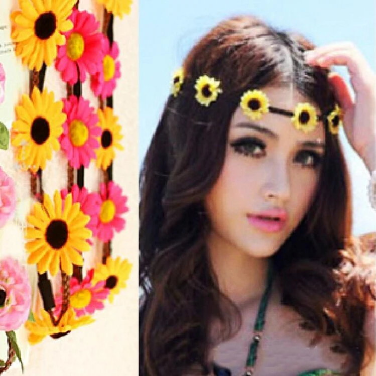 Artificial Sunflower Floral Headbands Boho Wedding Bridal Hair Jewellery Flowers Braided Leather Elastic Headpiece For Women