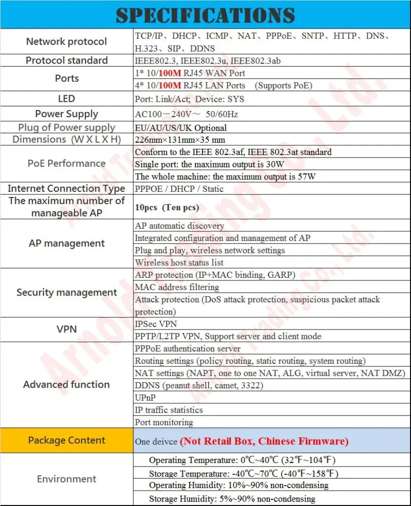 WiFi controller, Wireless Access Controller, 5 PoE Ports Gateway Router, 100Mbps Wired SOHO BROADBAND vpn ROUTER,57W POE Switch