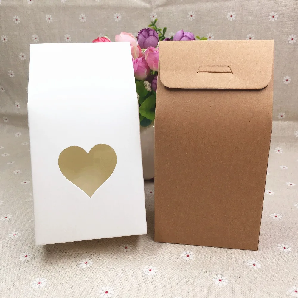 50 pcs Brown/white Paper handmade candy bags Paper brown stand up window gift boxes for wedding/Gift/Food Packing Bags