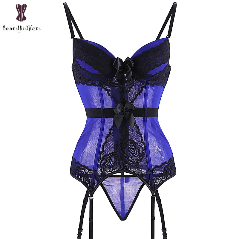 Wholesale Cheapest Sexi Corset Lingerie Lace Transparent Padded Cup Bustier Lingeries Top Suspender Belt Straps Underwear Korse