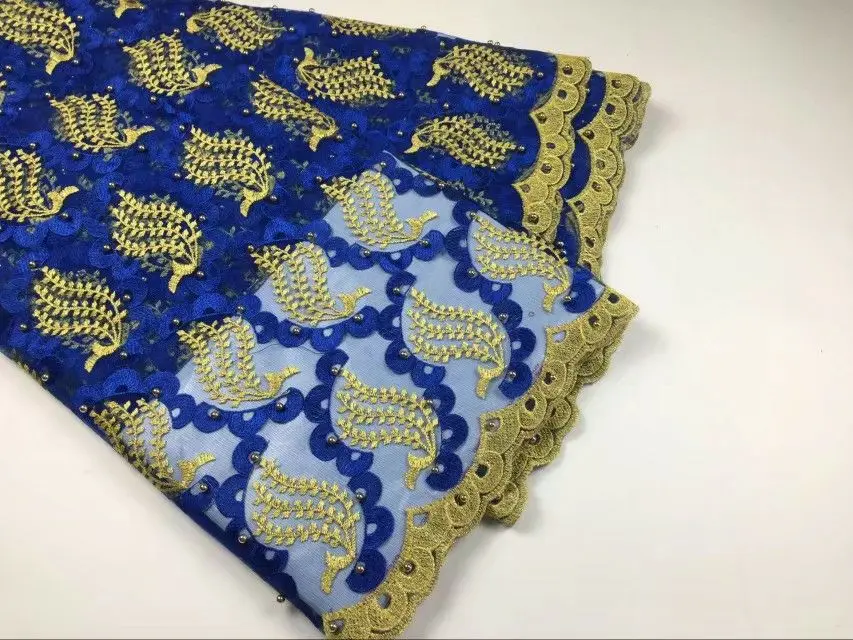 

5 Yards/pc Beautiful royal blue and yellow embroidery french net lace fabric african mesh lace for dress CF2-4