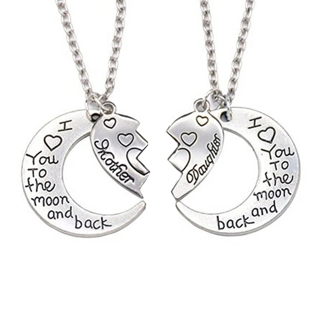 2Pcs I Love You to the Moon and Back Mother Daughter Heart Necklace Pendant Gift