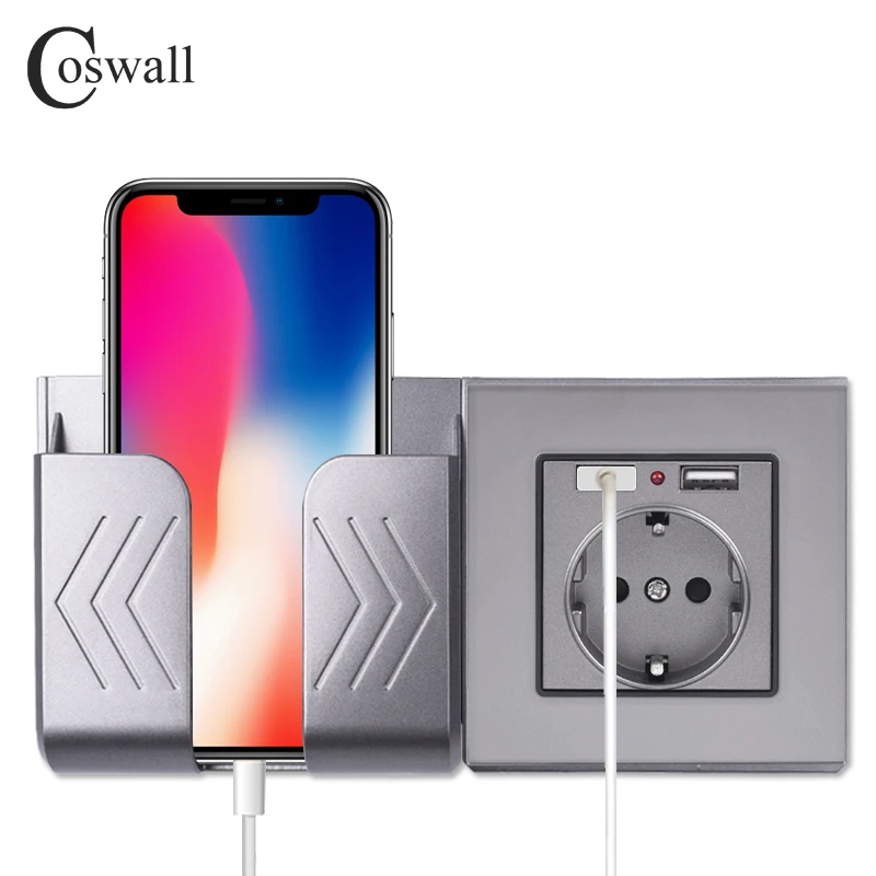 

COSWALL двойной USB-порт для зарядки 16 А настенная розетка для ЕС и России стеклянная панель ПК матовый серый цвет