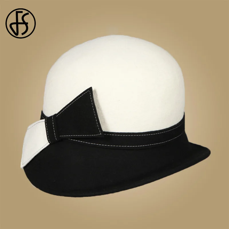FS Wide Brim White Wool Hats Bow Bowler Fedora Hat For Women Chapeau Femme Feutre Winter Cloche Ladies Church Felt Fedoras Caps