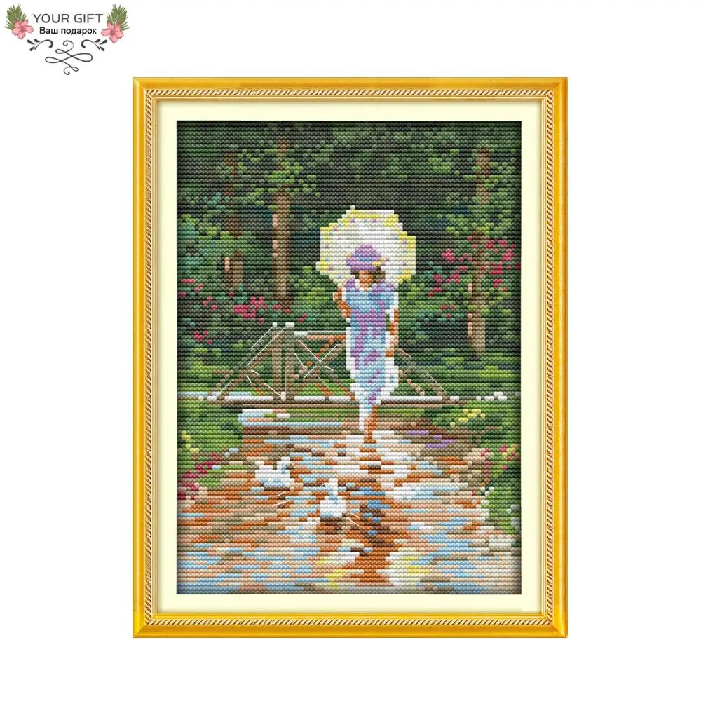 Joy Sunday-Rainy Day Beauty DIY Cross Stitch Kits, Counted and Stamped Home Decor, Umbrella Girl Embroidery, RA041 14CT 11CT