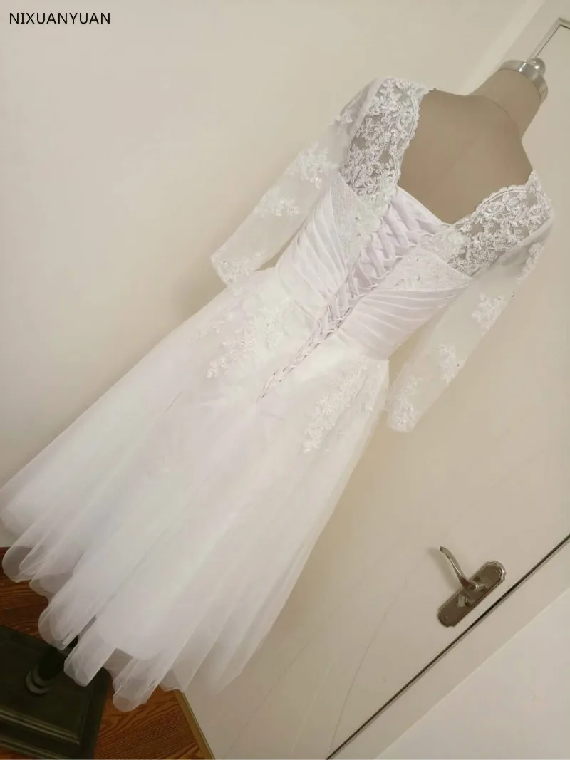 Vestido De Noiva Curto Vintage Ivory Tea Length Long Sleeve Wedding Dress Lace 2022 Wedding Gowns Scoop Short Bridal Dresses