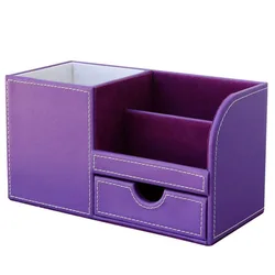XRHYY Purple 3 Storage Compartments PU Leather Office Desktop Organizer Stationery Box Collection Business Card/Pen/Pencil