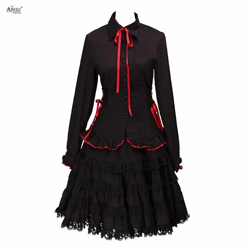 

Elegant Womens Prom Dress Ainclu Cotton Black Long Sleeves Lolita Blouse And Ruffles Skirt Outfit Two-piece Suit Free shipping