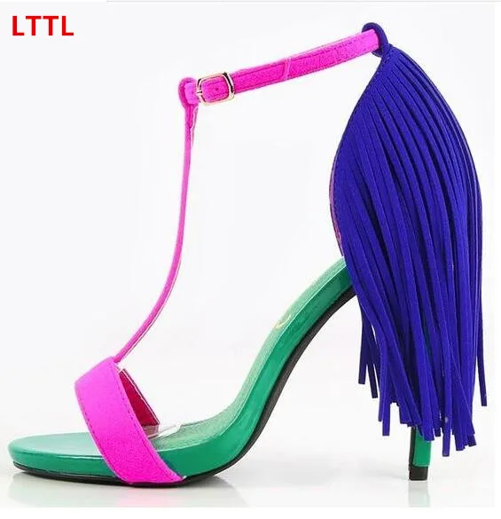 

Mixed colors patchwork high heels tassels sandals open toe ankle wrap dress sandal women wedding/party shoes heels DFS200