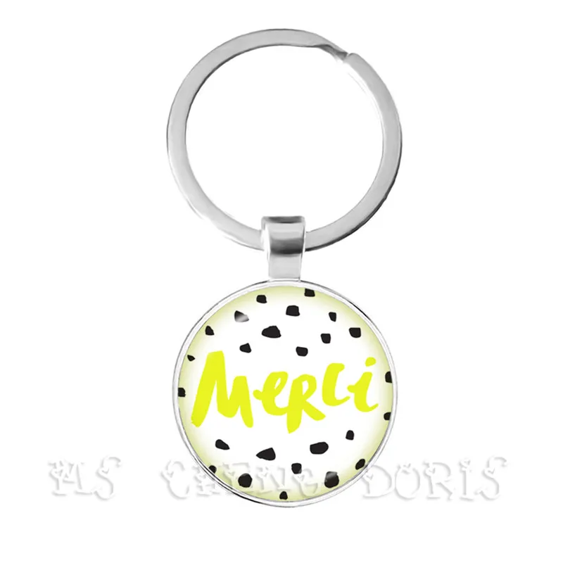 Merci Maitresse Key Chain Bohemian Jewelry Quote Keyring Round Glass Cabochons Supplies Craft Keychain Gift for Women Pendant