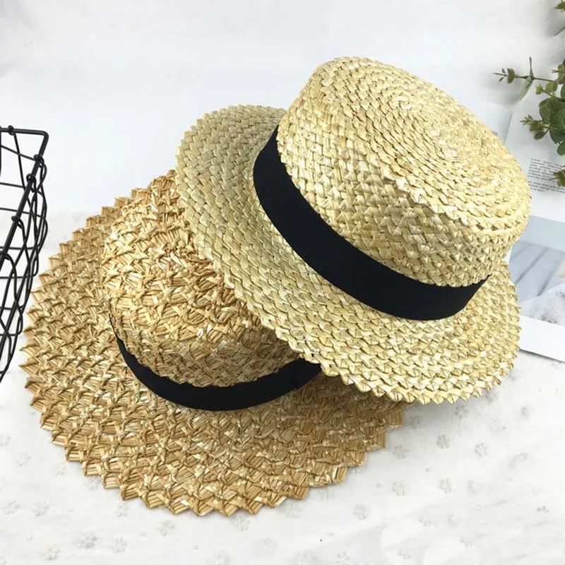 7cm Wide Brim Boater Cap Ribbon Round Flat Top Wheat Straw Hats Sun Beach hat Summer Women kentucky derby Hat Sombreros Mujer