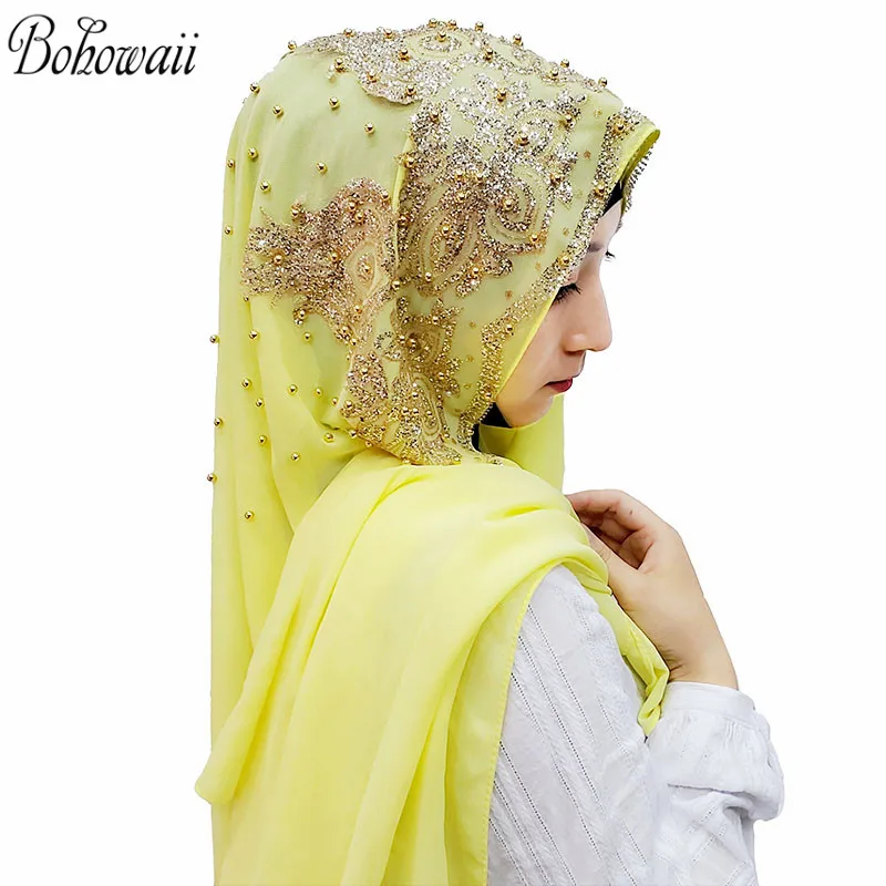 BOHOWAII Sequins เพชร Panuelos Hijab ผ้าพันคอผ้าคลุมไหล่ Abaya Headscarf Turbantes ผ้าเช็ดหน้ายาวชีฟอง Kopftuch Femme Musulman