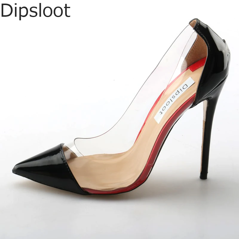 Hot Sale Black Patent Leather Clear PVC Patchwork Pumps Sexy Women Pointy Toe Pumps Ladies Shallow Slip On High Heel Party Shoes