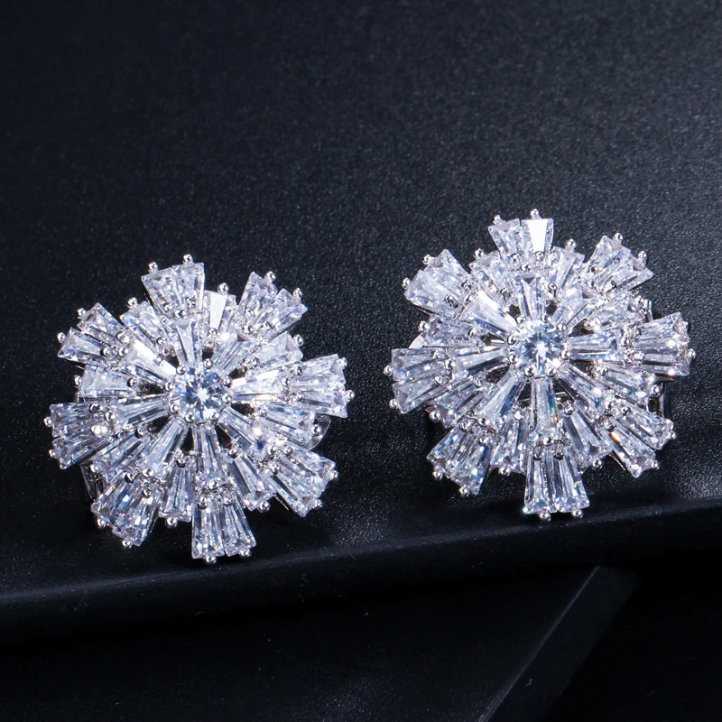 CWWZircons Luxury Cubic Zirconia Jewelry Rose Gold Color Large Sparkling Snowflake Big Zircon Crystal Earrings for Girls CZ137