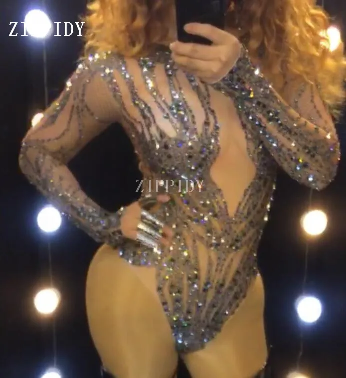 

Sexy Sparkly Black Crystals Bodysuit Female Singer Stage Costume Party Celebrate Glisten Rhinestones Stretch Leotard Stage Wear