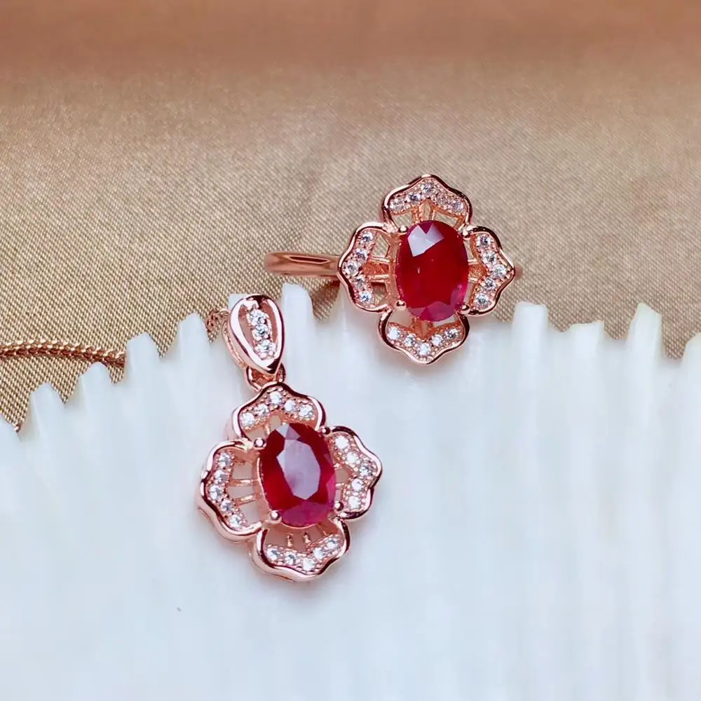 

charming red ruby gemstone ring and necklace jewelry set 925 silver ornament natural gem rose gold en color girl party present