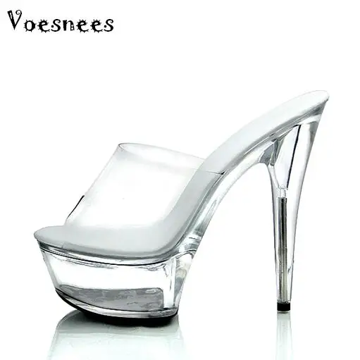 2020 New Slides Female Model T Stage Catwalk Sexy Crystal Shoes 15cm High with Transparent Platforms Thick Soles Slippers