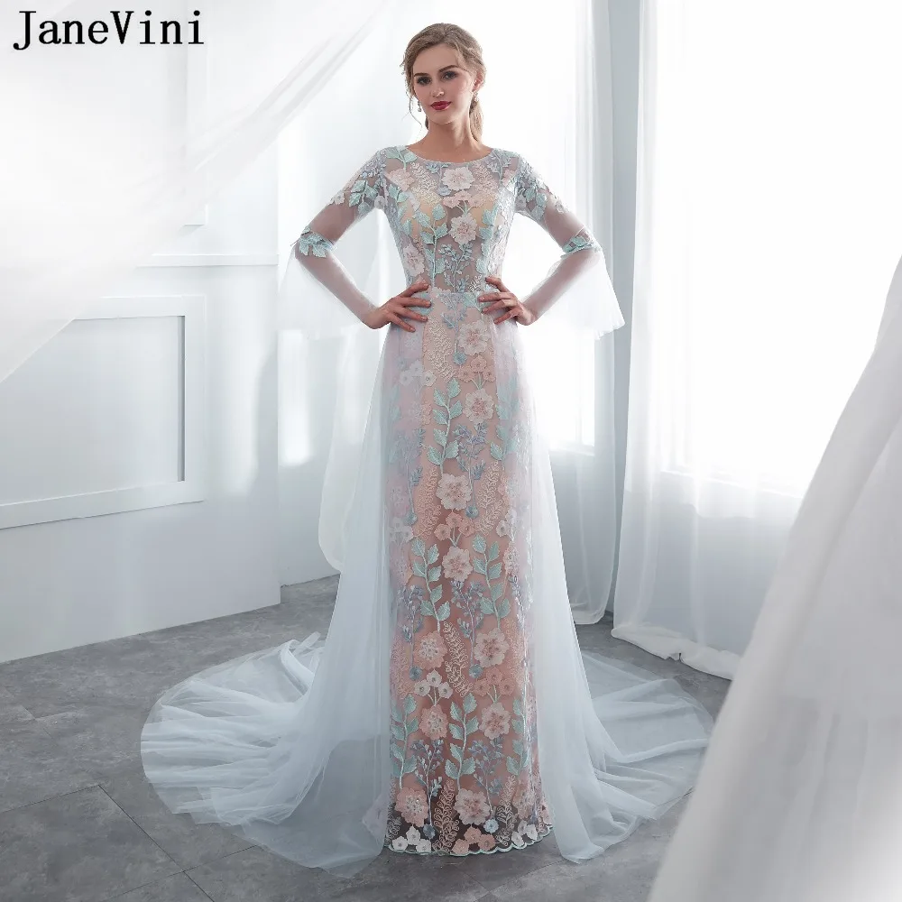 JaneVini-vestidos de baile de graduación de manga larga, exquisitos vestidos de fiesta formales de tul con encaje bordado en la espalda transparente, personalizados, 2020