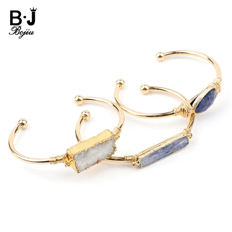 

BOJIU Natural Stone Gold-color Open Cuff Bangles For Women Boho Wire Wrapped Rectangle Pear Armlet Female Bangle Best Gift BR038